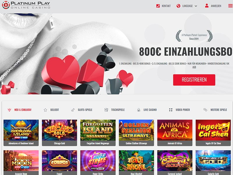 Spiele-Lobby des Platinum Play Casinos mit Slots und Tischspielen